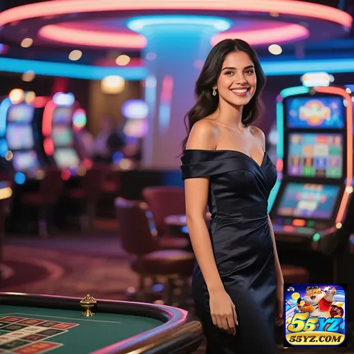 Mulher jogando em uma mesa de cassino no site 55yz, cercada por fichas e cartas.